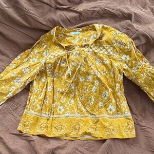 (Free) Time and Tru Mustard Yellow Floral Peasant Blouse